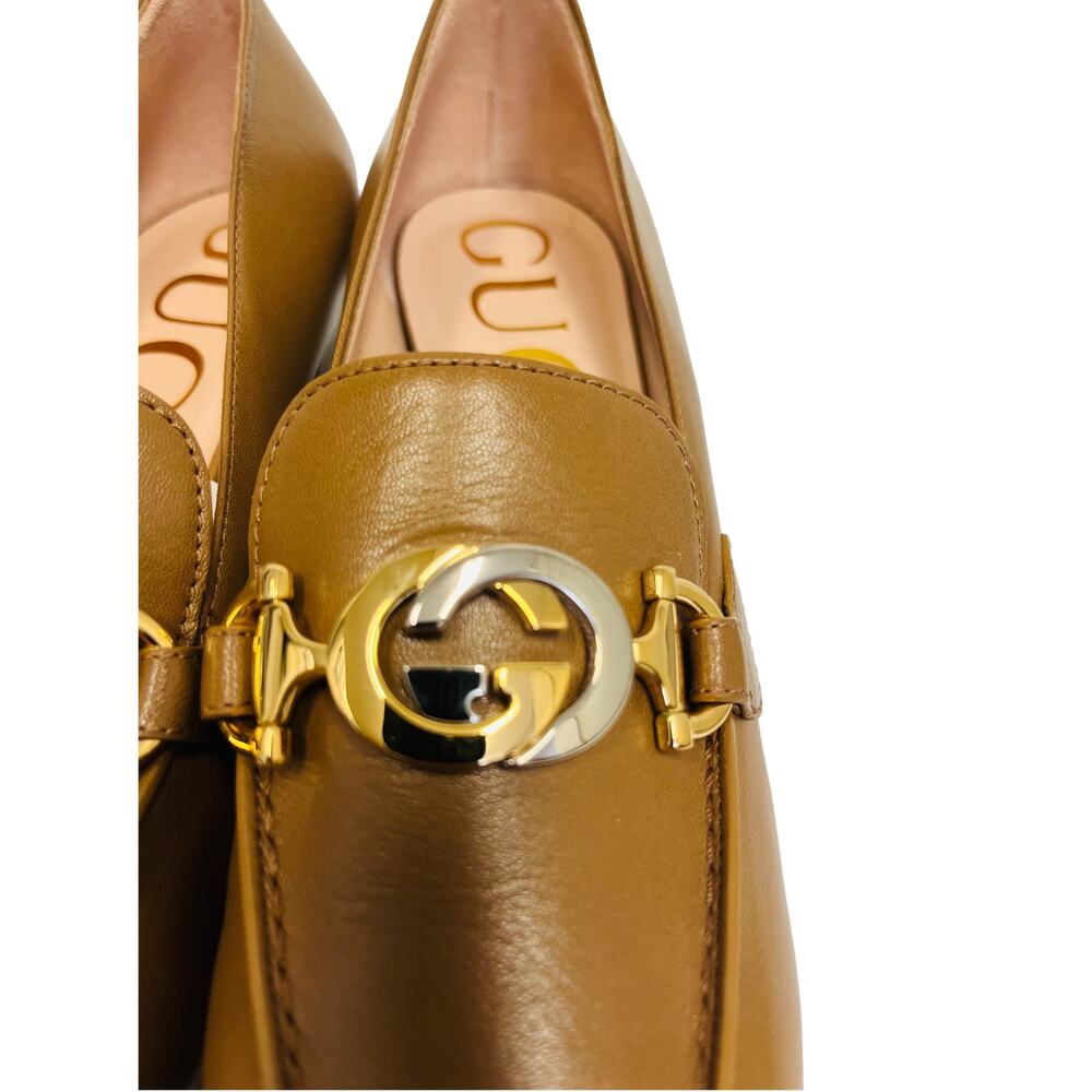GUCCI Brown Leather Interlocking G Zumi Logo Square Toe Block Heel Loafers 36.5 - Picture 8 of 10